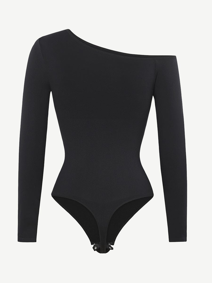HeyCurve| Sømløs diagonal hals langærmet taljetrimmet thong bodysuit