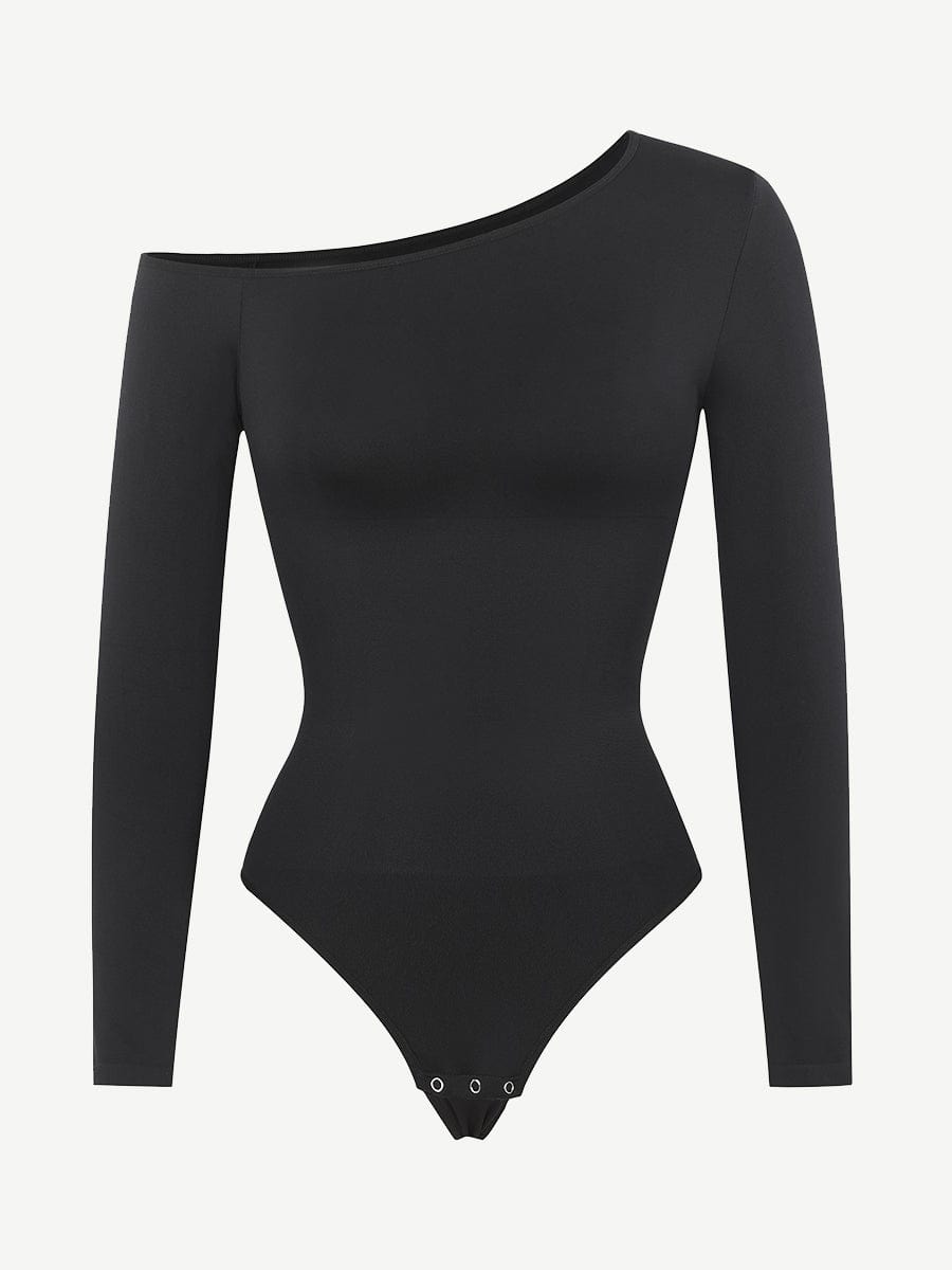 HeyCurve| Sømløs diagonal hals langærmet taljetrimmet thong bodysuit