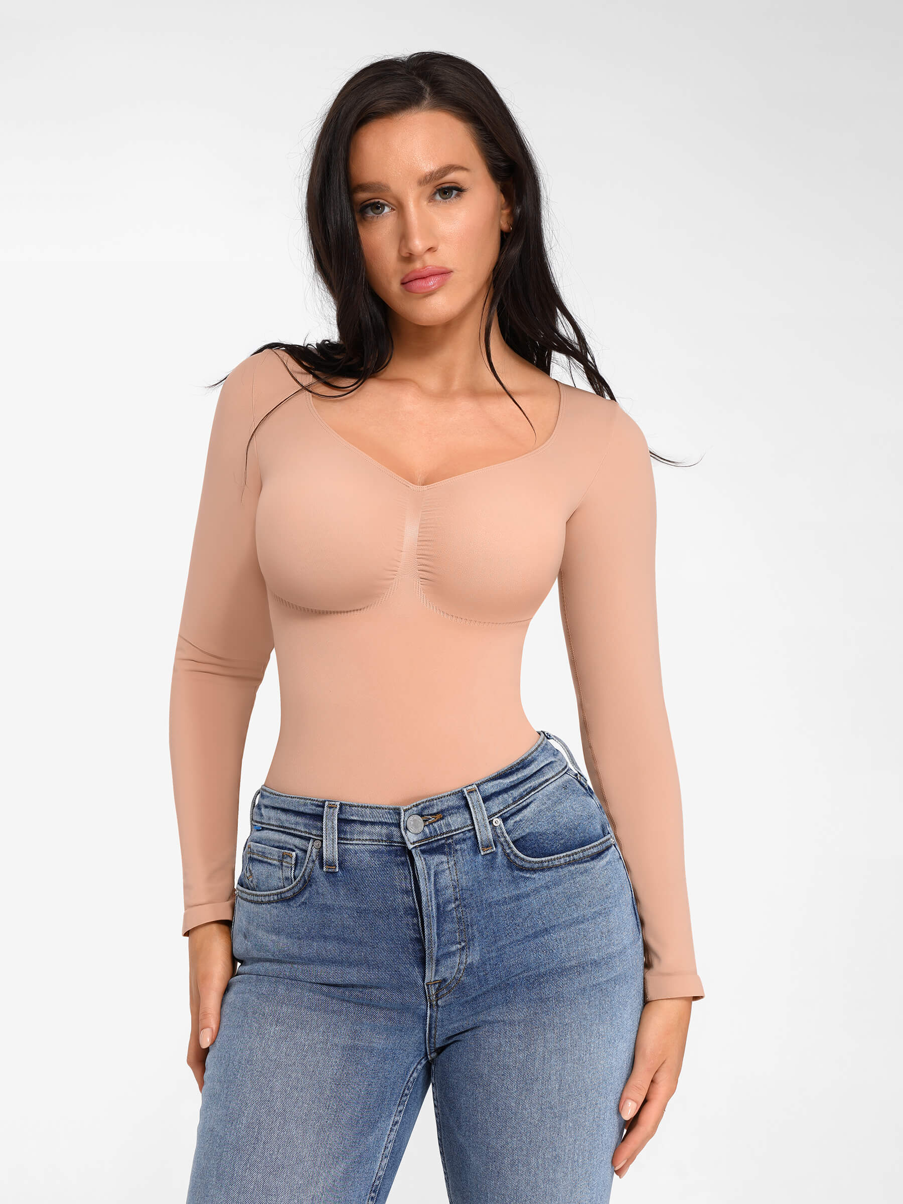 Hey Curve| Sömlös långärmad bröststöd magekontroll tanga bodysuit