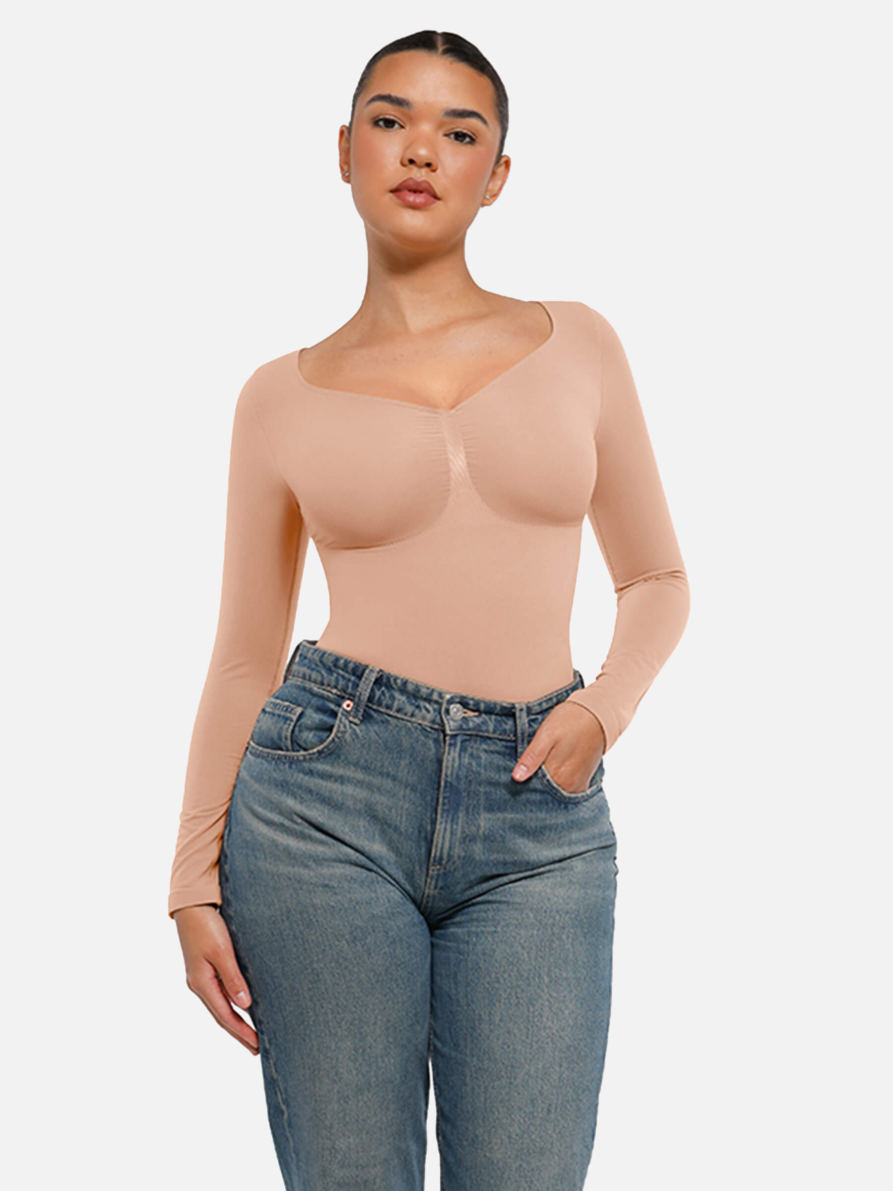 Hey Curve| Sömlös långärmad magekontroll tanga bodysuit