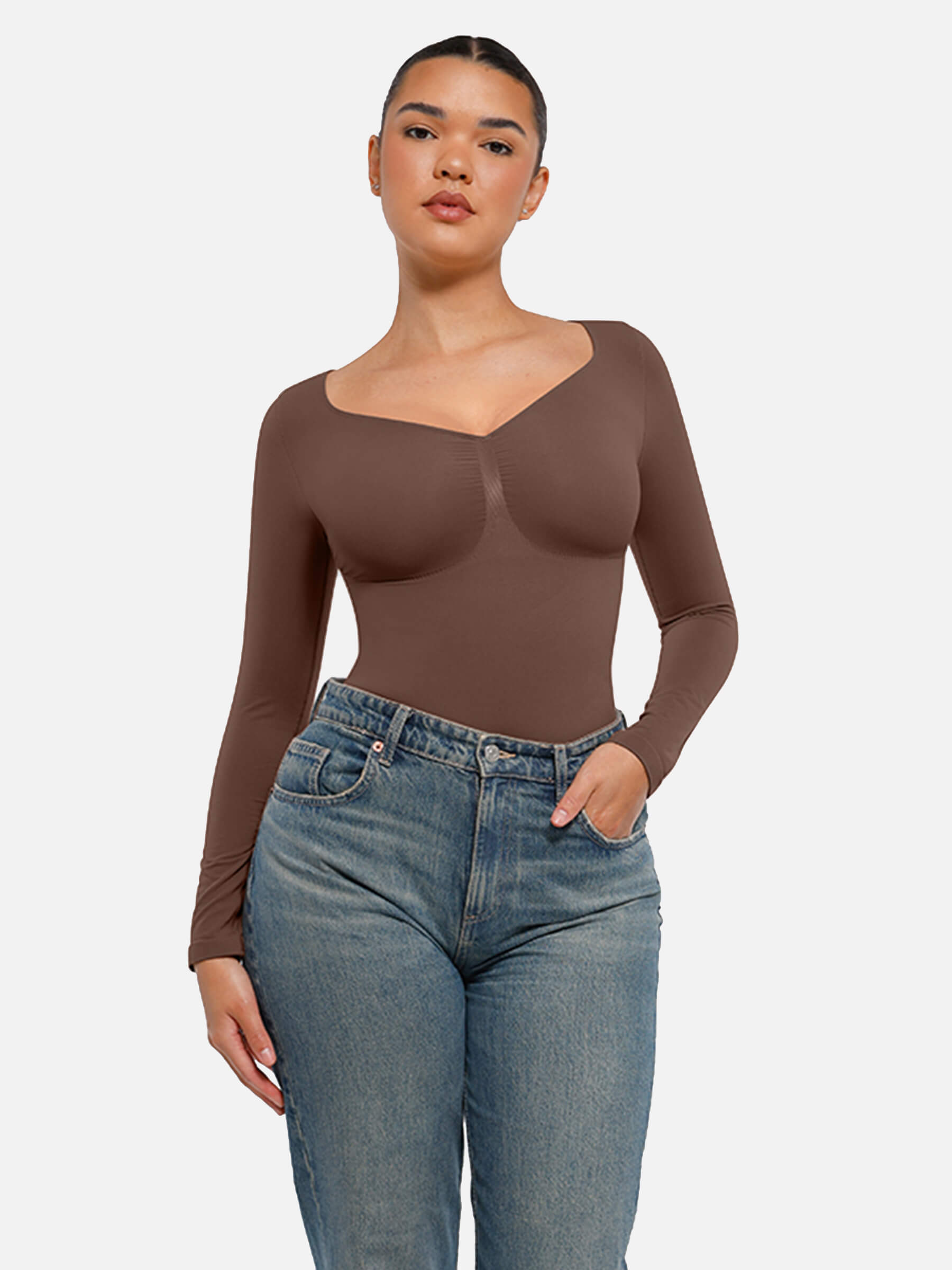 Hey Curve| Sömlös långärmad magekontroll tanga bodysuit