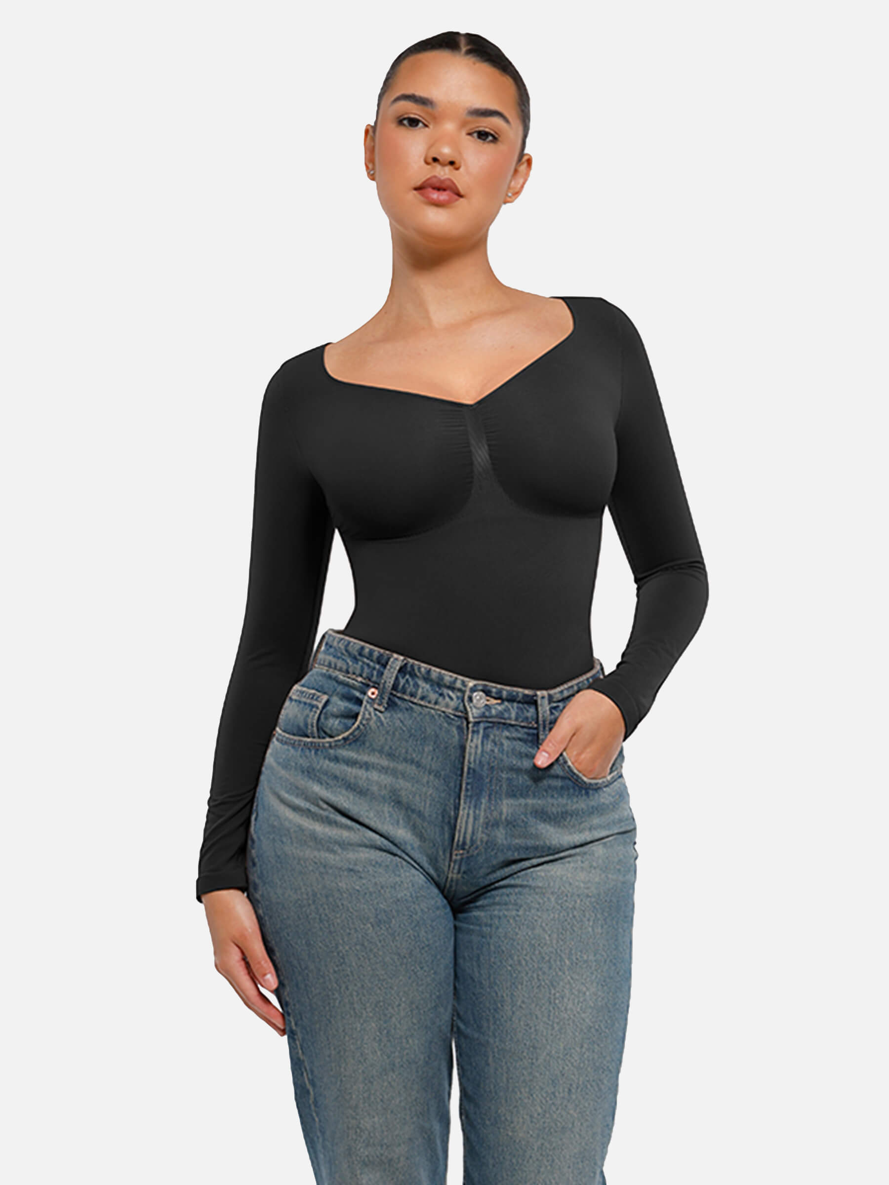 Hey Curve| Sömlös långärmad magekontroll tanga bodysuit