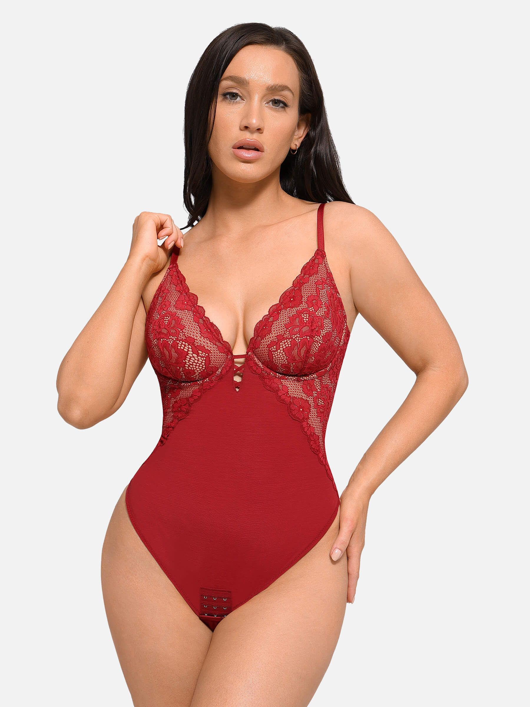 HeyCurve| V Neck Elegant Lace Sculpting Thongs Bodysuit