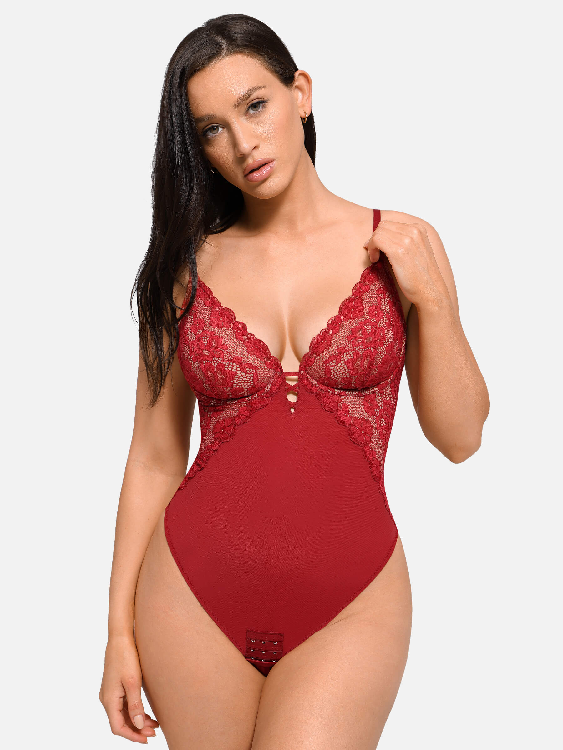 HeyCurve| V Neck Elegant Lace Sculpting Thongs Bodysuit
