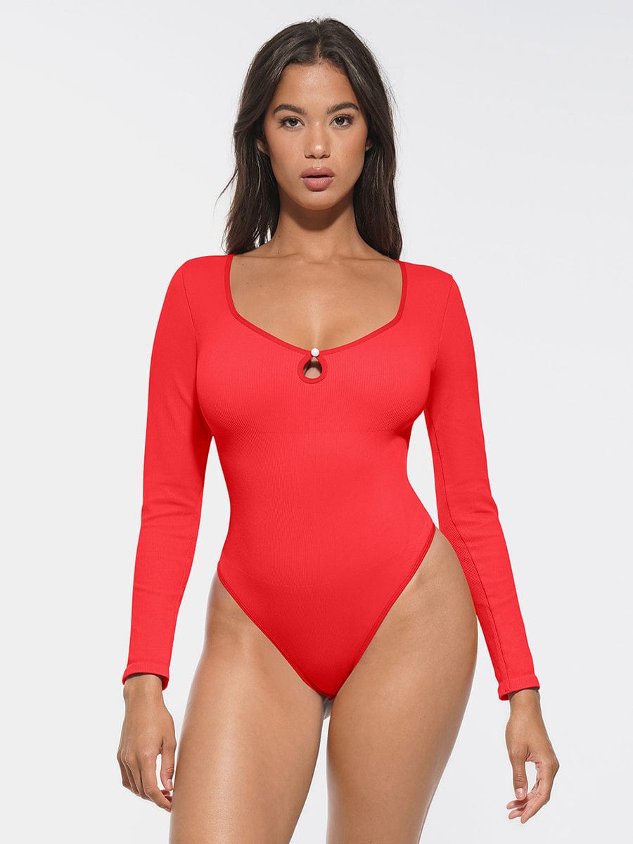 HeyCurve| Sømløs ribbet sexet hul scoop hals talje mavekontrol thong bodysuit