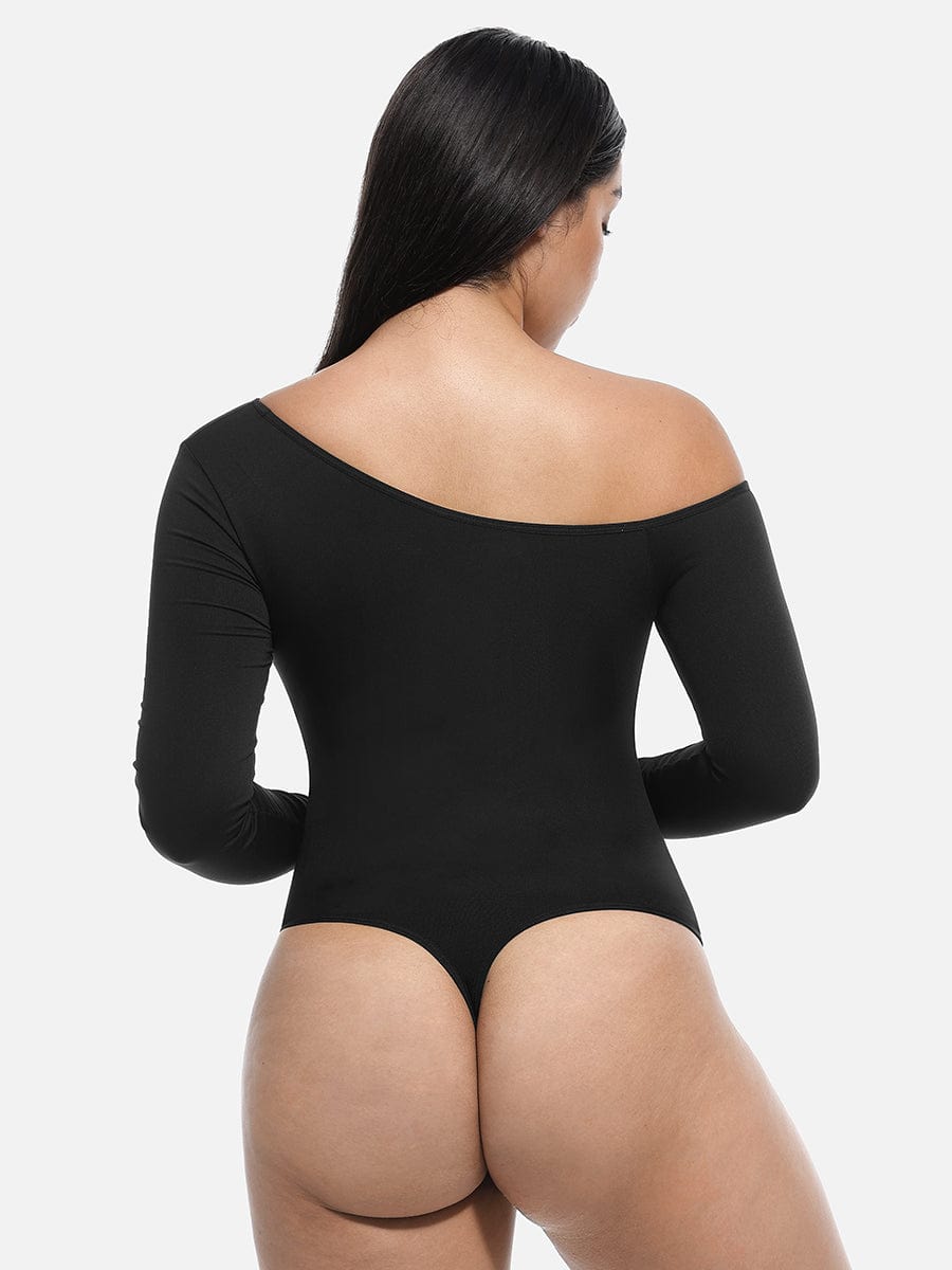 HeyCurve| Sømløs diagonal hals langærmet taljetrimmet thong bodysuit