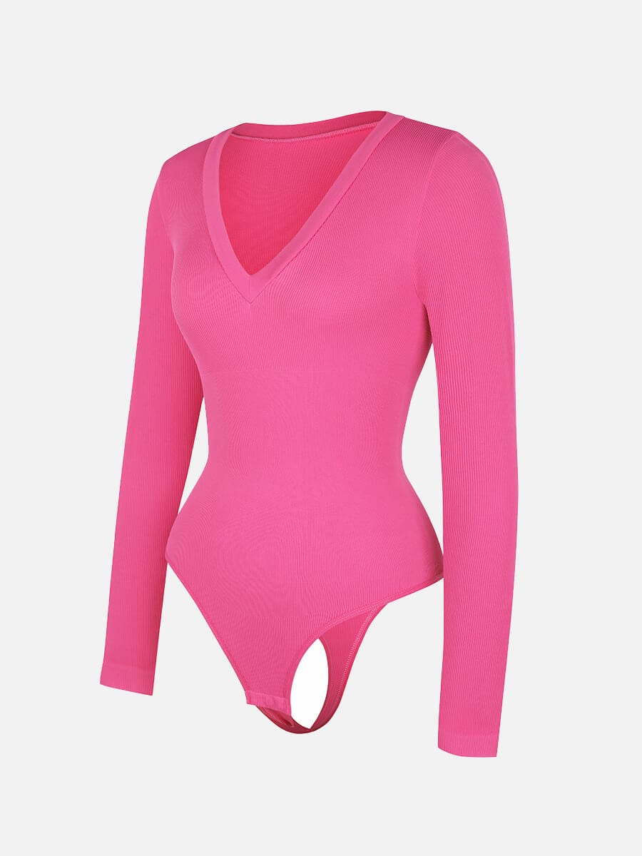 HeyCurve| Langærmet V-hals Taljeformende Mavekontrol Sømløs Bodystocking